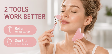 ⭐ Natural Rose Quartz Facial Roller & Gua Sha Duo