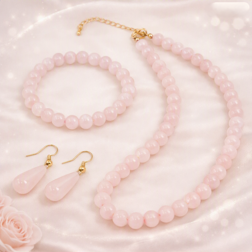 ⭐ Halo RoseGlow Set – Rose Quartz Beaded Necklace, Bracelet & Earrings